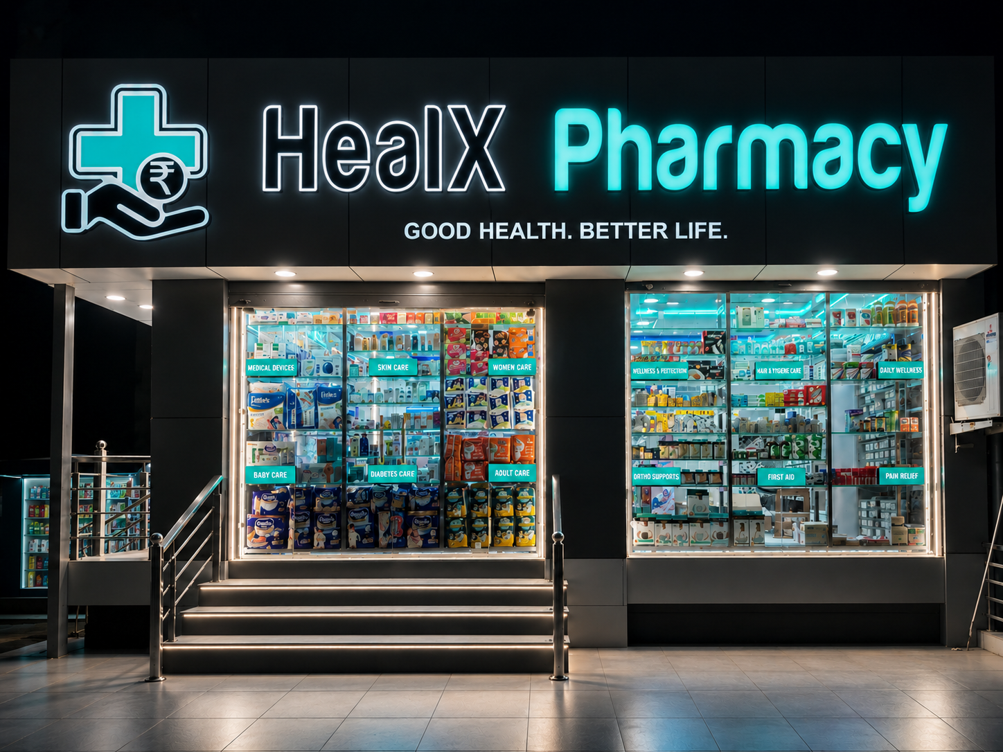 HealX Pharmacy illuminated at night, teal neon signage glowing above glass display windows stocked with medicines and healthcare products, Kathua